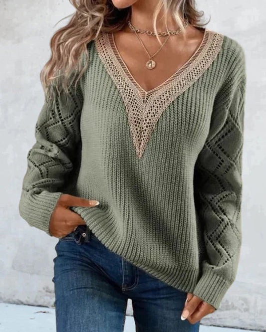 Women’s V-Neck Sweater – Relaxed Fit – Soft Knit – Lace Trim – Open-Knit Sleeves