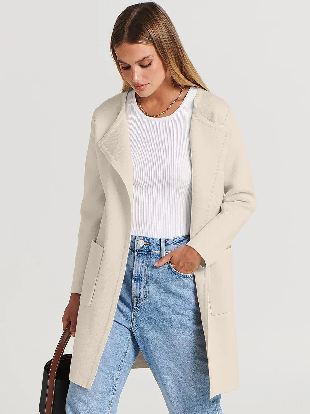Women’s Knee-Length Coat – Wool Blend – Relaxed Fit – Open Front – Wide Lapel