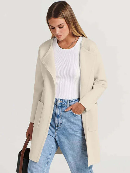 Women’s Open-Front Jacket – Relaxed Fit – Wool Blend – Mid-Length with Patch Pockets