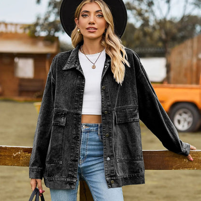 Women’s Denim Jacket – Oversized Fit – Distressed – Button Front – Front Pockets