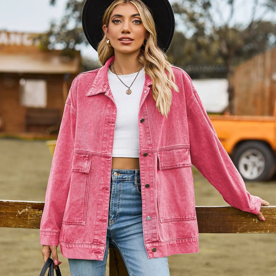 Women’s Denim Jacket – Oversized Fit – Distressed – Button Front – Front Pockets
