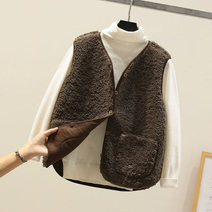 Women’s Vest – Plush Shearling Texture – Relaxed Fit – V-Neck – Button Front – Patch Pockets