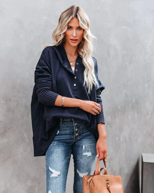 Women’s Sweatshirt – Oversized Fit – V-Neck Button Placket – Tunic Length – Ribbed Trim