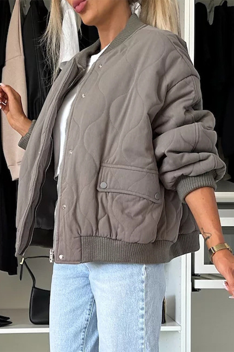 Women’s Quilted Jacket – Relaxed Fit – Snap Button Front – Ribbed Trim – Hip Length