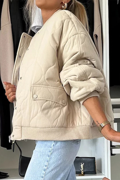 Women’s Quilted Jacket – Relaxed Fit – Snap Button Front – Ribbed Trim – Hip Length
