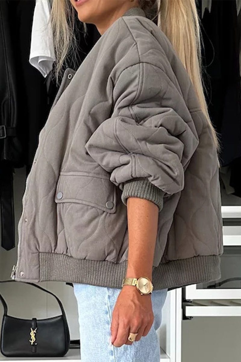 Women’s Quilted Jacket – Relaxed Fit – Snap Button Front – Ribbed Trim – Hip Length