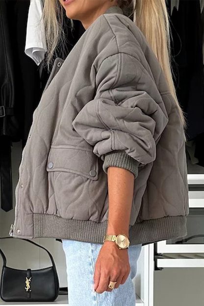 Women’s Quilted Jacket – Relaxed Fit – Snap Button Front – Ribbed Trim – Hip Length