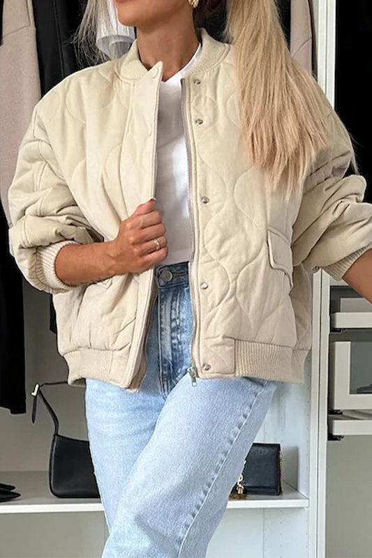 Women’s Quilted Jacket – Relaxed Fit – Snap Button Front – Ribbed Trim – Hip Length