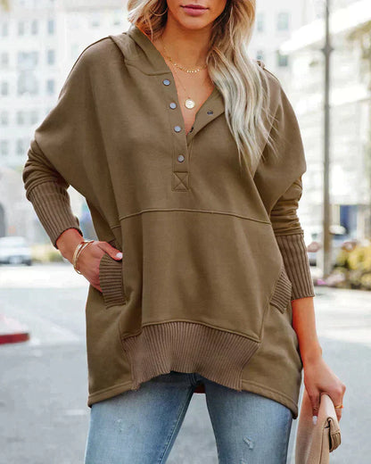 Women’s Sweatshirt – Oversized Fit – V-Neck Button Placket – Tunic Length – Ribbed Trim