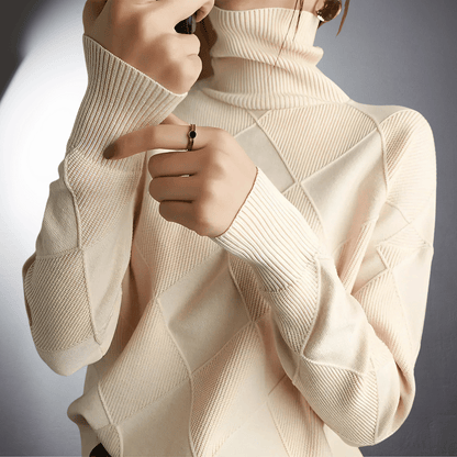 Women’s Sweatshirt – Relaxed Fit – High Turtleneck – Textured Knit – Ribbed Trim
