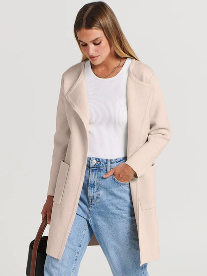 Women’s Knee-Length Coat – Wool Blend – Relaxed Fit – Open Front – Wide Lapel
