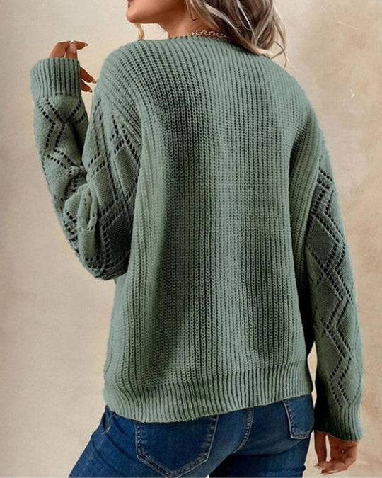 Women’s V-Neck Sweater – Relaxed Fit – Soft Knit – Lace Trim – Open-Knit Sleeves