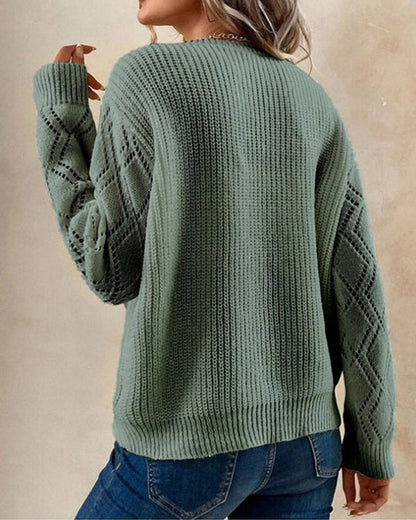 Women’s V-Neck Sweater – Relaxed Fit – Soft Knit – Lace Trim – Open-Knit Sleeves