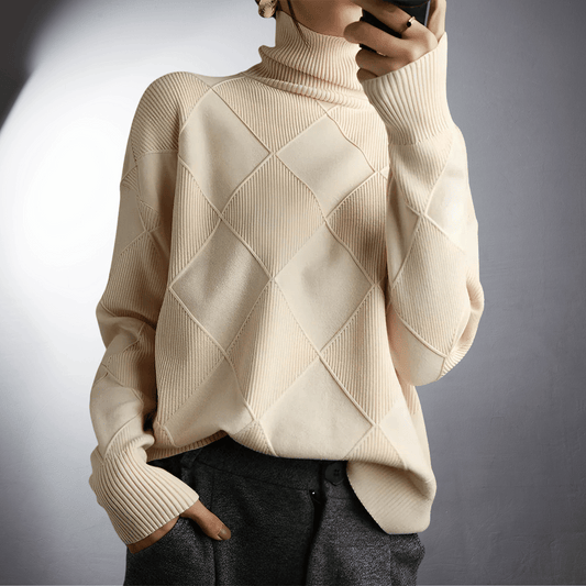 Women’s Sweatshirt – Relaxed Fit – High Turtleneck – Textured Knit – Ribbed Trim