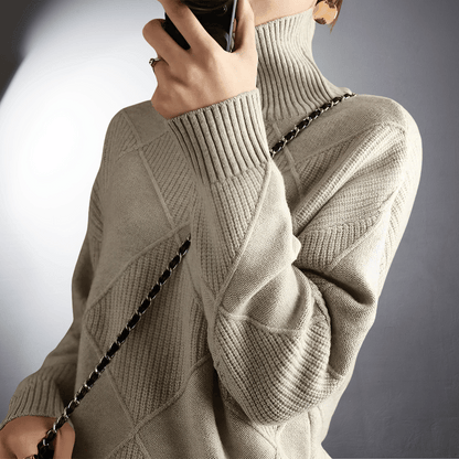Women’s Sweatshirt – Relaxed Fit – High Turtleneck – Textured Knit – Ribbed Trim