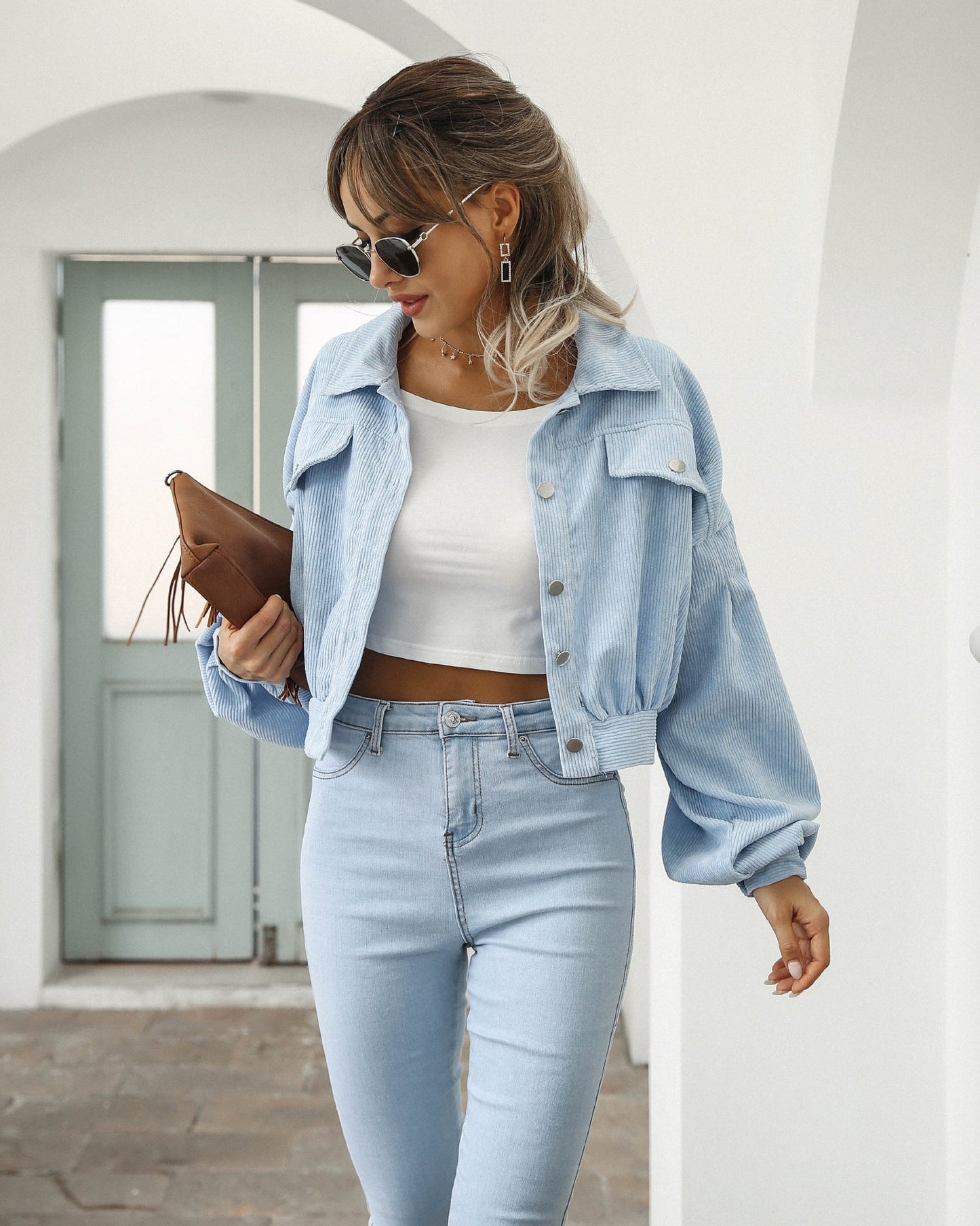 Women’s Cropped Jacket – Corduroy Texture – Lantern Sleeves – Relaxed Fit – Snap Closure
