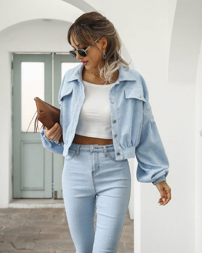 Women’s Cropped Jacket – Corduroy Texture – Lantern Sleeves – Relaxed Fit – Snap Closure