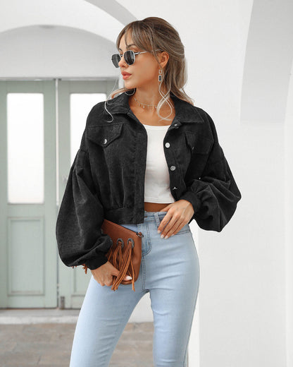 Women’s Cropped Jacket – Corduroy Texture – Lantern Sleeves – Relaxed Fit – Snap Closure