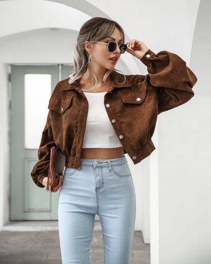 Women’s Cropped Jacket – Corduroy Texture – Lantern Sleeves – Relaxed Fit – Snap Closure