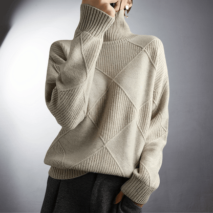 Women’s Sweatshirt – Relaxed Fit – High Turtleneck – Textured Knit – Ribbed Trim