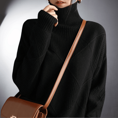 Women’s Sweatshirt – Relaxed Fit – High Turtleneck – Textured Knit – Ribbed Trim