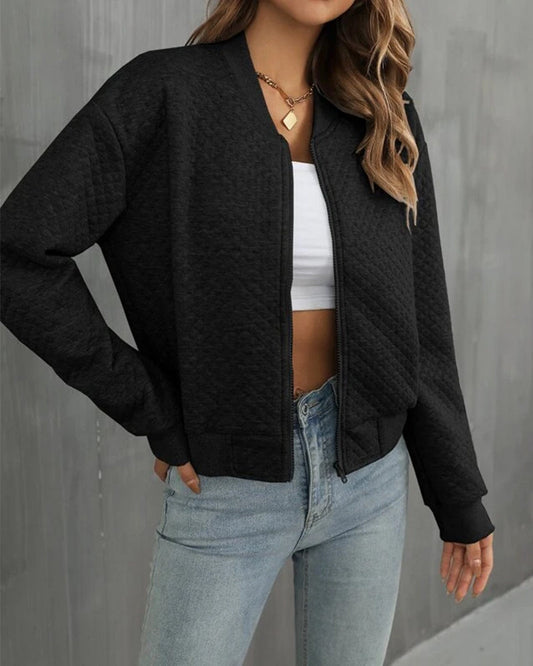 Women’s Quilted Jacket – Relaxed Fit – Zip Front – Ribbed Hem and Cuffs – Cropped Length