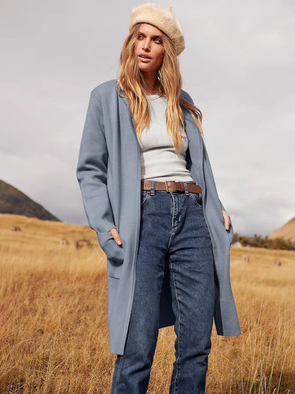 Women’s Knee-Length Coat – Wool Blend – Relaxed Fit – Open Front – Wide Lapel