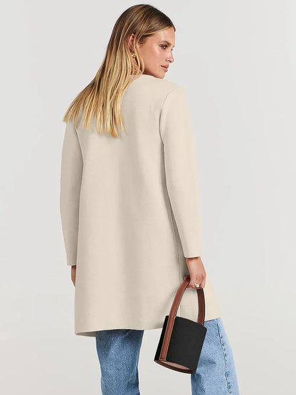 Women’s Knee-Length Coat – Wool Blend – Relaxed Fit – Open Front – Wide Lapel