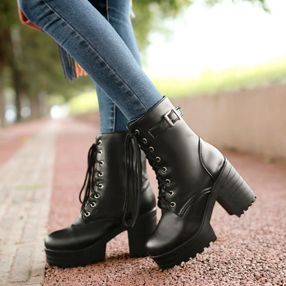 Women’s Ankle Boots – Chunky Platform – Lace-Up Front – Buckle Strap – Block Heel