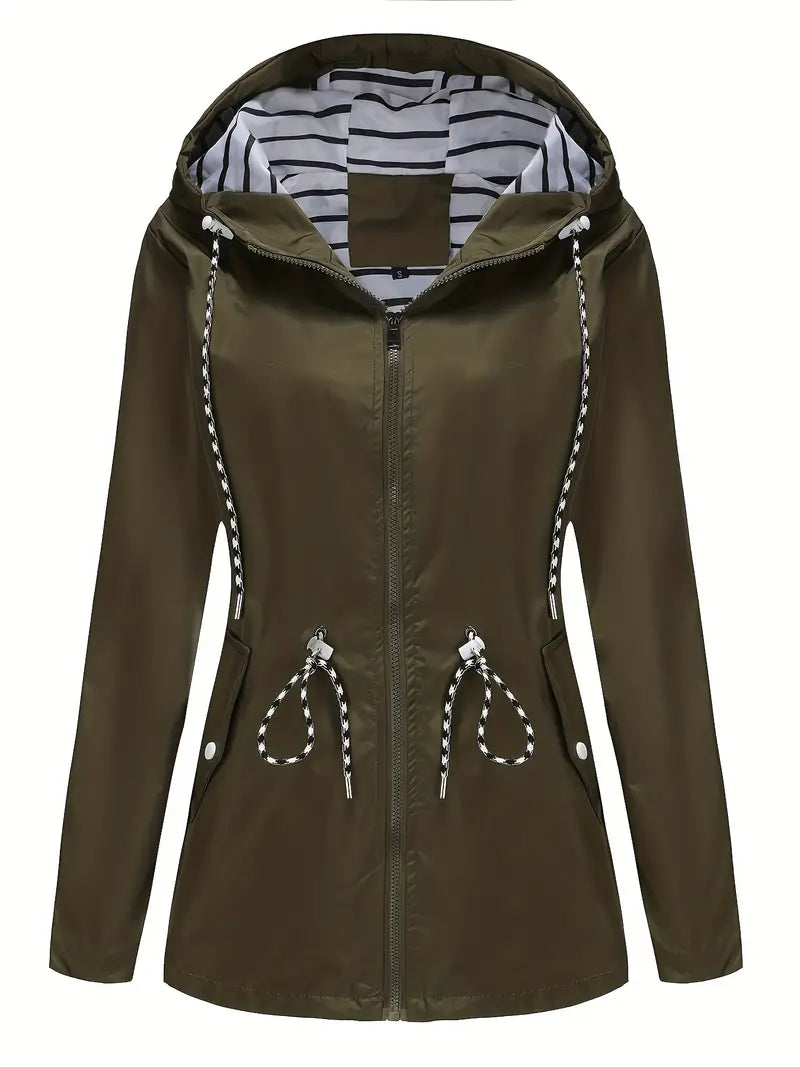 Women’s Rain Jacket – Waterproof – Tailored Fit – Hooded – Adjustable Waist – Zipper Front