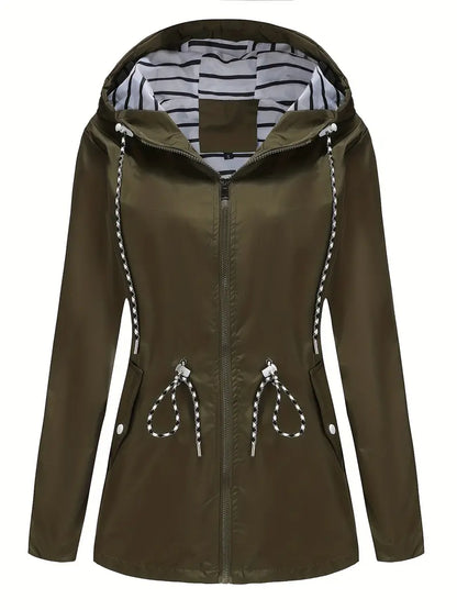 Women’s Rain Jacket – Waterproof – Tailored Fit – Hooded – Adjustable Waist – Zipper Front