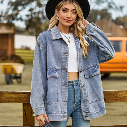Women’s Denim Jacket – Oversized Fit – Distressed – Button Front – Front Pockets