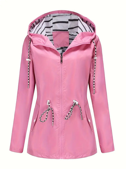 Women’s Rain Jacket – Waterproof – Tailored Fit – Hooded – Adjustable Waist – Zipper Front