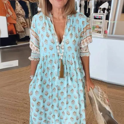 Pleated Bohemian V-Neck Dress