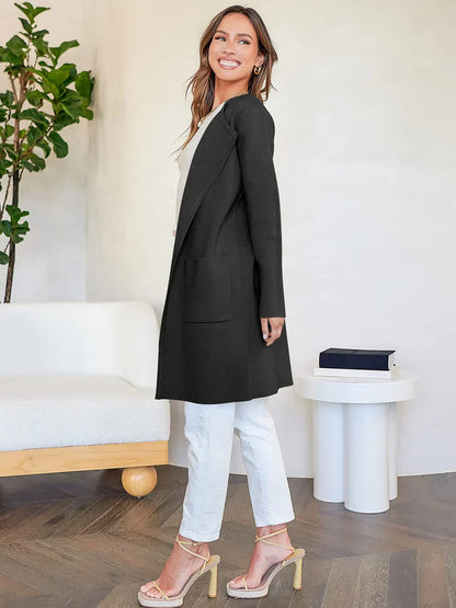 Women’s Knee-Length Coat – Wool Blend – Relaxed Fit – Open Front – Wide Lapel