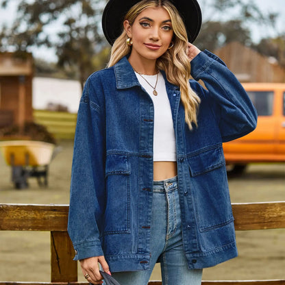 Women’s Denim Jacket – Oversized Fit – Distressed – Button Front – Front Pockets