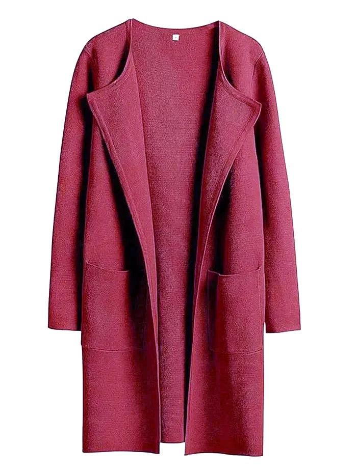 Women’s Knee-Length Coat – Wool Blend – Relaxed Fit – Open Front – Wide Lapel