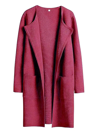Women’s Knee-Length Coat – Wool Blend – Relaxed Fit – Open Front – Wide Lapel