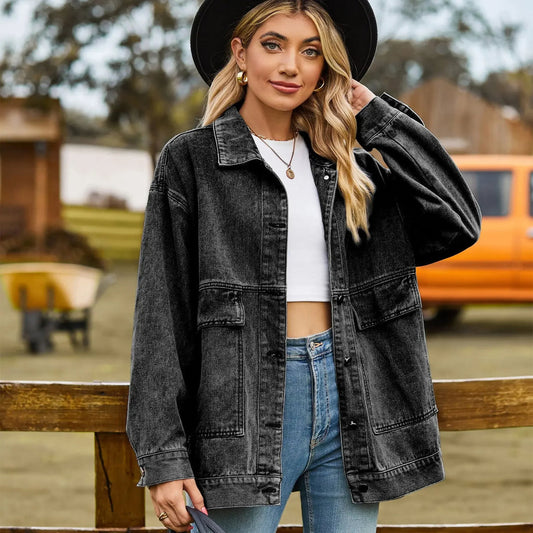 Women’s Denim Jacket – Oversized Fit – Distressed – Button Front – Front Pockets