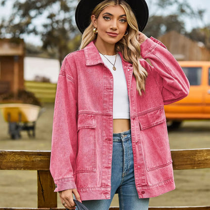 Women’s Denim Jacket – Oversized Fit – Distressed – Button Front – Front Pockets