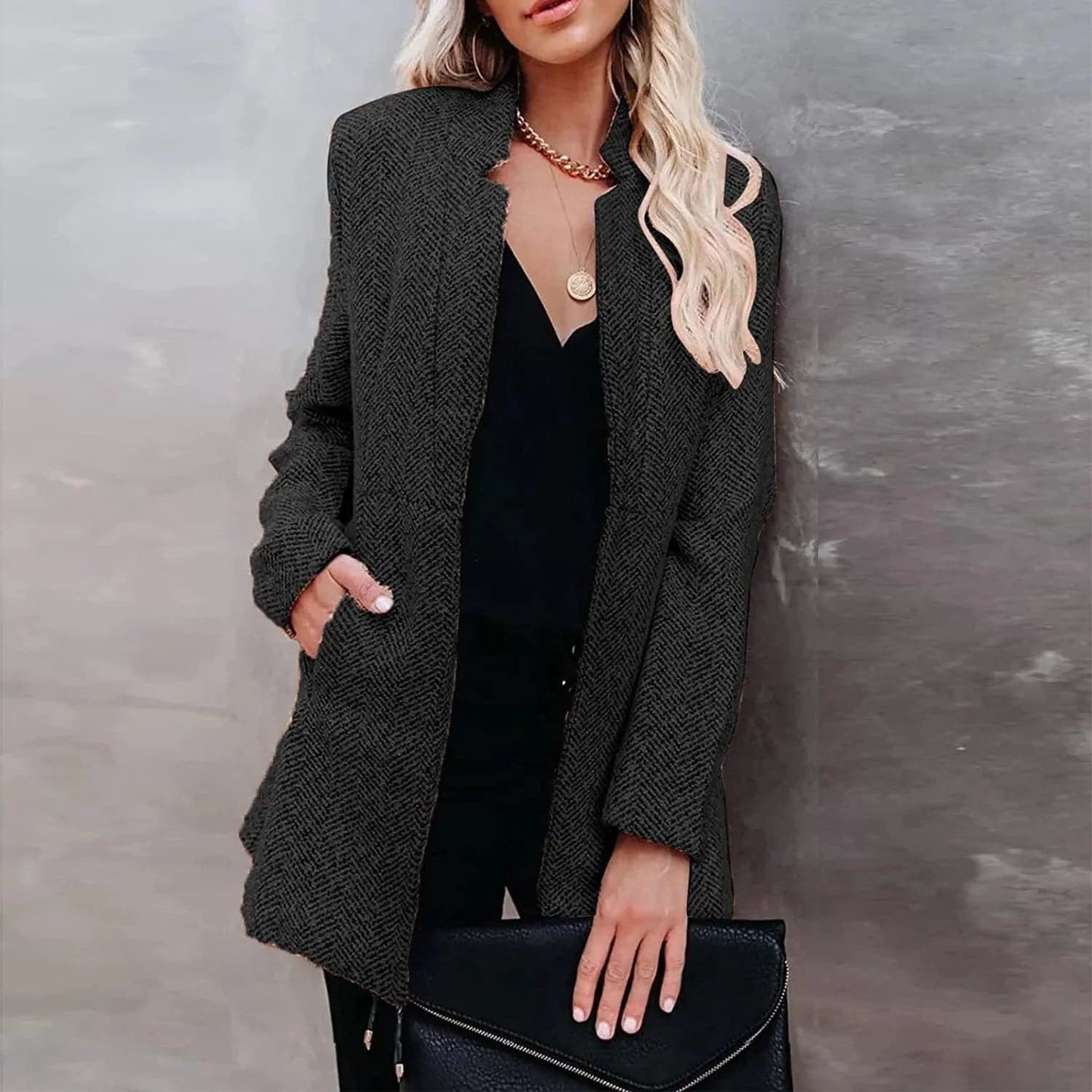 Women’s Blazer – Tailored Fit – Textured Wool Blend – Open Front – Long Sleeve