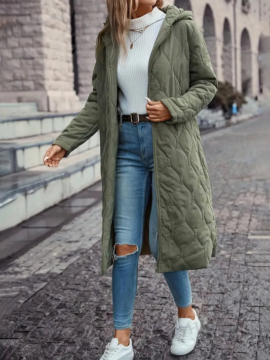 Women’s Quilted Coat – Relaxed Fit – Long Sleeve – Hooded – Full Length – Cotton Blend