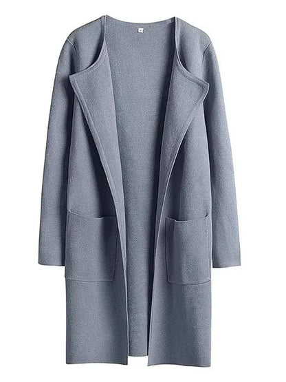 Women’s Knee-Length Coat – Wool Blend – Relaxed Fit – Open Front – Wide Lapel