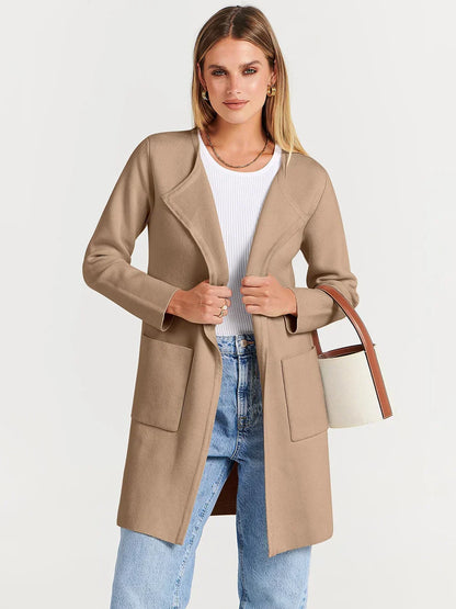 Women’s Knee-Length Coat – Wool Blend – Relaxed Fit – Open Front – Wide Lapel