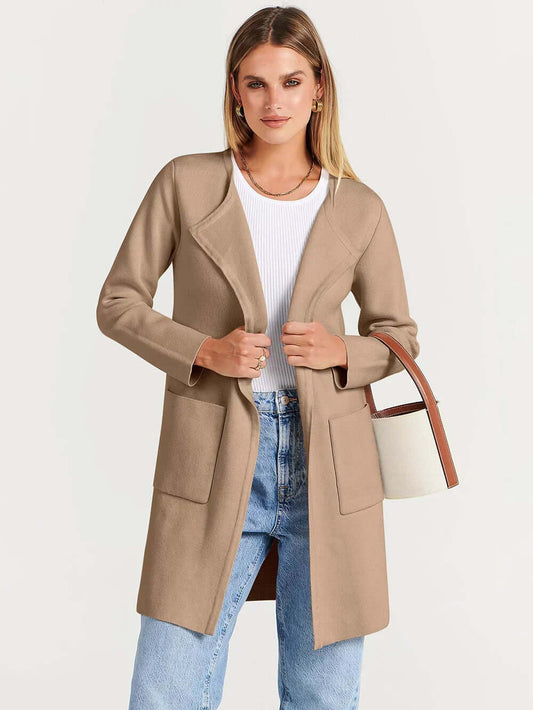 Women’s Open-Front Jacket – Relaxed Fit – Wool Blend – Mid-Length with Patch Pockets