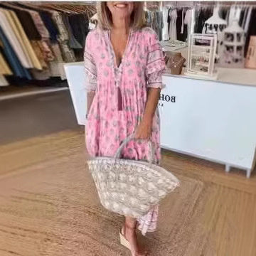 Pleated Bohemian V-Neck Dress