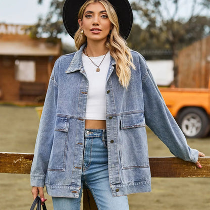 Women’s Denim Jacket – Oversized Fit – Distressed – Button Front – Front Pockets