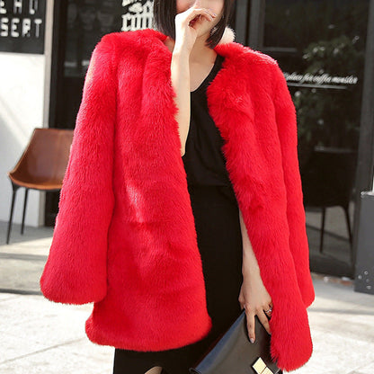 Women’s Faux Fur Coat – Oversized Fit – Collarless Open Front – Mid-Length Plush Layer