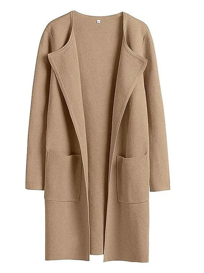 Women’s Knee-Length Coat – Wool Blend – Relaxed Fit – Open Front – Wide Lapel