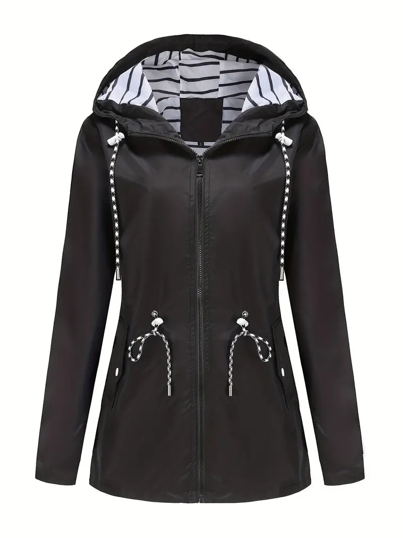 Women’s Rain Jacket – Waterproof – Tailored Fit – Hooded – Adjustable Waist – Zipper Front